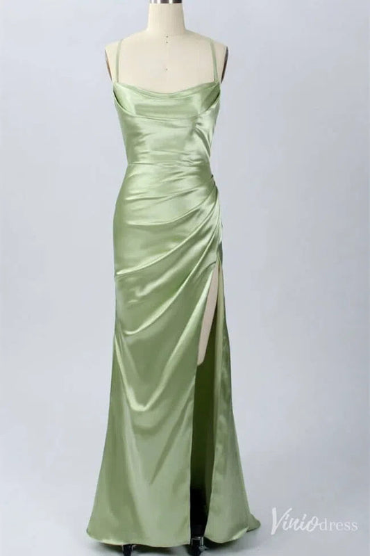 Prom Dress 2025 Light Green Satin Cheap Prom Dresses with Slit Cowl Neck Spaghetti Strap FD1635-unique prom dresses-Light Green-Custom Size-Viniodress