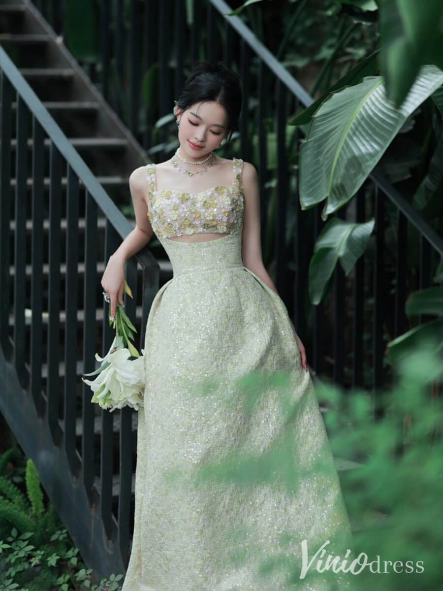 Light Green Sequin Floral Prom Dresses Sparkly Spaghetti Strap Formal Dress AD1324-prom dresses-Viniodress-Viniodress