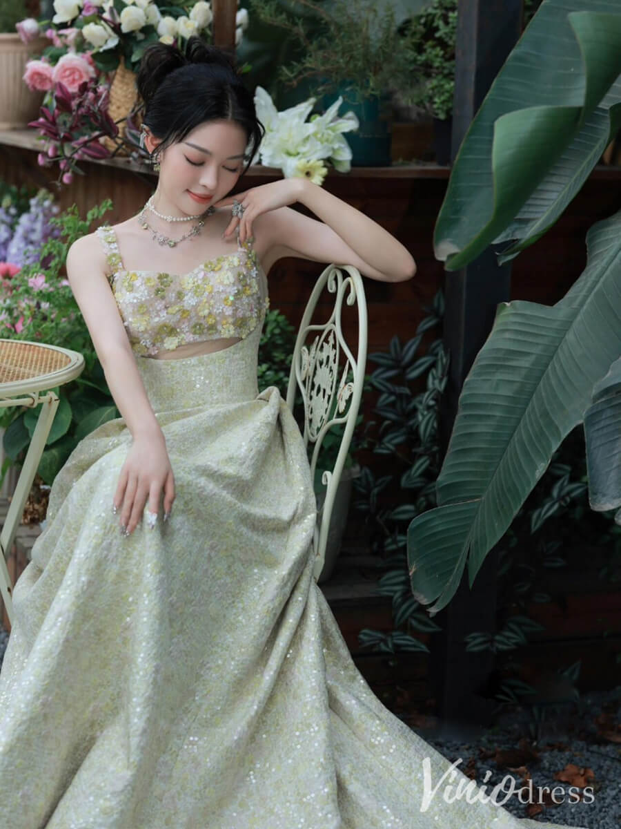 Light Green Sequin Floral Prom Dresses Sparkly Spaghetti Strap Formal Dress AD1324-prom dresses-Viniodress-Green-Custom Size-Viniodress