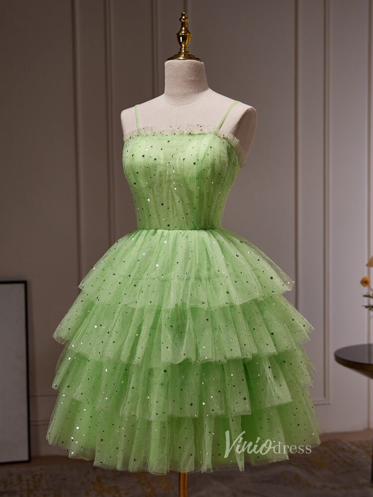 Light Green Sparkly Ruffle Homecoming Dresses with Spaghetti Strap BJ032-prom dresses 2025 -Viniodress-Light Green-Custom Size-