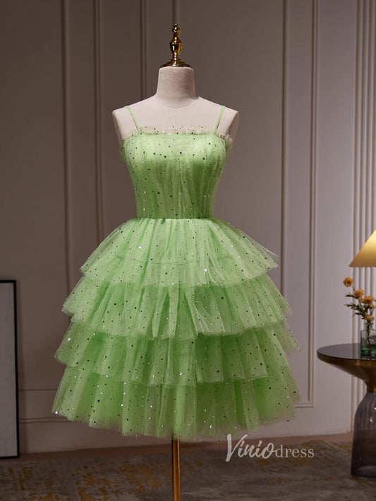 Light Green Sparkly Ruffle Homecoming Dresses with Spaghetti Strap BJ032-prom dresses 2025 -Viniodress-Light Green-Custom Size-