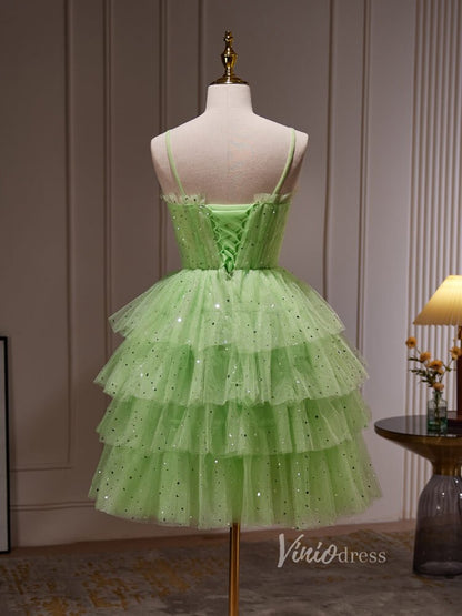 Light Green Sparkly Ruffle Homecoming Dresses with Spaghetti Strap BJ032-prom dresses 2025 -Viniodress-Light Green-Custom Size-