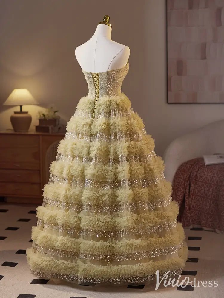 Light Green Sparkly Ruffled Ball Gown – Strapless Beaded Corset Dress with Layered Tulle BJ076-prom dresses 2025 -Viniodress-Light Green-Custom Size-