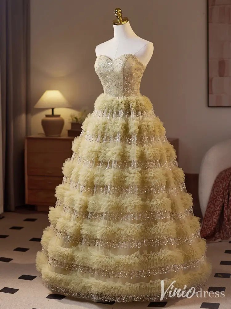 Light Green Sparkly Ruffled Ball Gown – Strapless Beaded Corset Dress with Layered Tulle BJ076-prom dresses 2025 -Viniodress-Light Green-Custom Size-