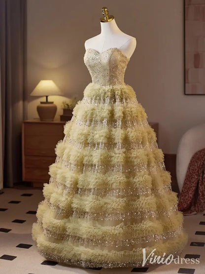 Light Green Sparkly Ruffled Ball Gown – Strapless Beaded Corset Dress with Layered Tulle BJ076-prom dresses 2025 -Viniodress-Light Green-Custom Size-