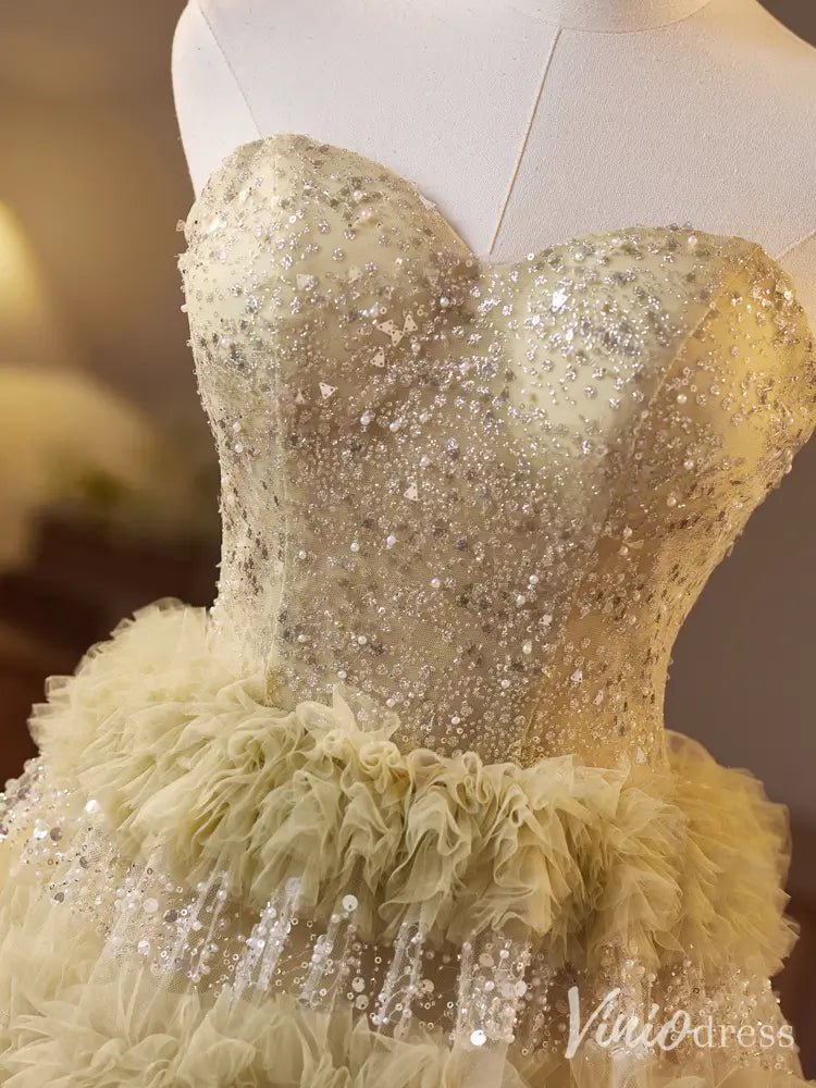 Light Green Sparkly Ruffled Ball Gown – Strapless Beaded Corset Dress with Layered Tulle BJ076-prom dresses 2025 -Viniodress-Light Green-Custom Size-