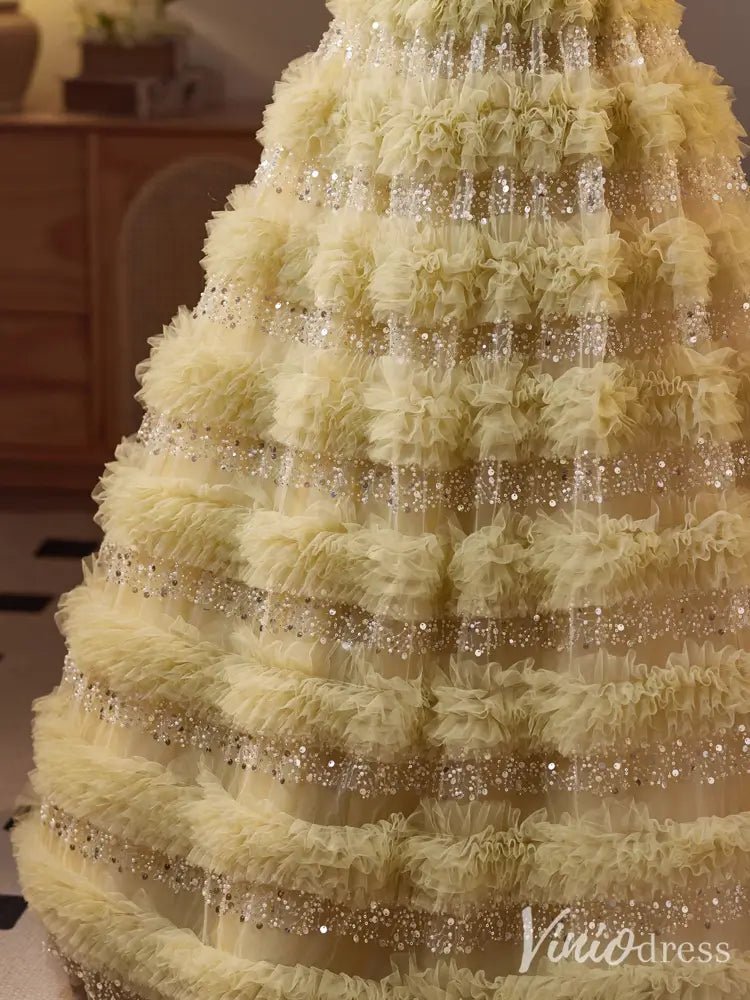 Light Green Sparkly Ruffled Ball Gown – Strapless Beaded Corset Dress with Layered Tulle BJ076-prom dresses 2025 -Viniodress-Light Green-Custom Size-