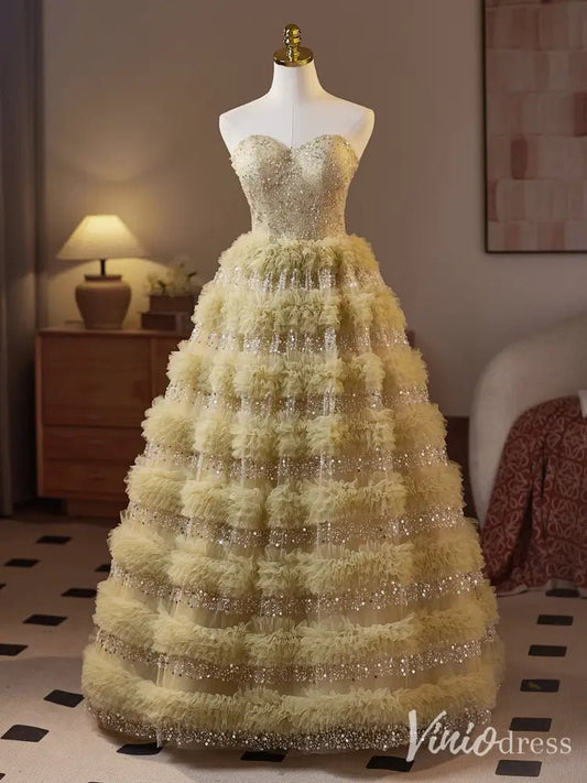 Light Green Sparkly Ruffled Ball Gown – Strapless Beaded Corset Dress with Layered Tulle BJ076-prom dresses 2025 -Viniodress-Light Green-Custom Size-
