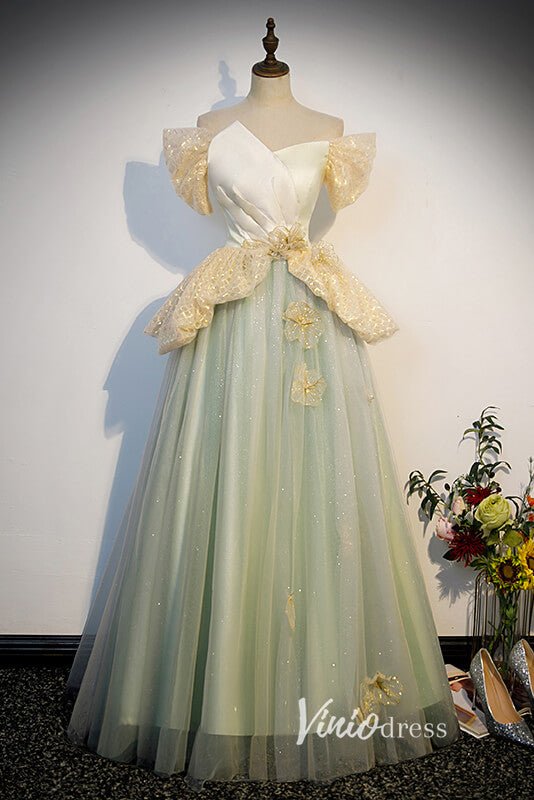 Light Green Sparkly Tulle Off the Shoulder Prom Dresses FD3540 Viniodress Light Green Sparkly Tulle Off the Shoulder Prom Dresses FD3540 Viniodress