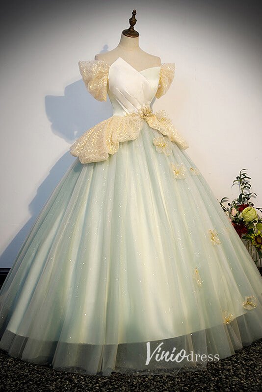 Light Green Sparkly Tulle Off the Shoulder Prom Dresses FD3540-prom dresses 2025 -Viniodress-Light Green-Custom Size-Ball Gown