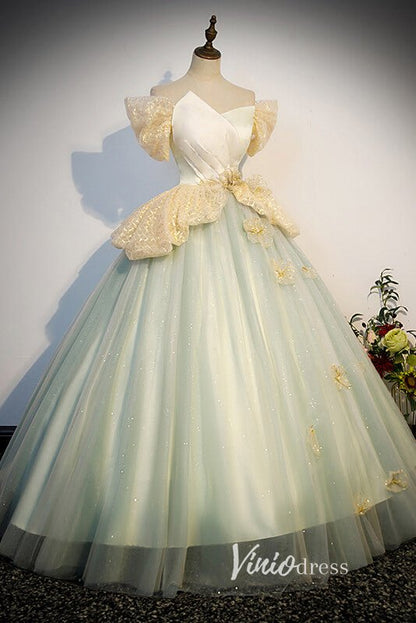 Light Green Sparkly Tulle Off the Shoulder Prom Dresses FD3540-prom dresses 2025 -Viniodress-Light Green-Custom Size-Ball Gown