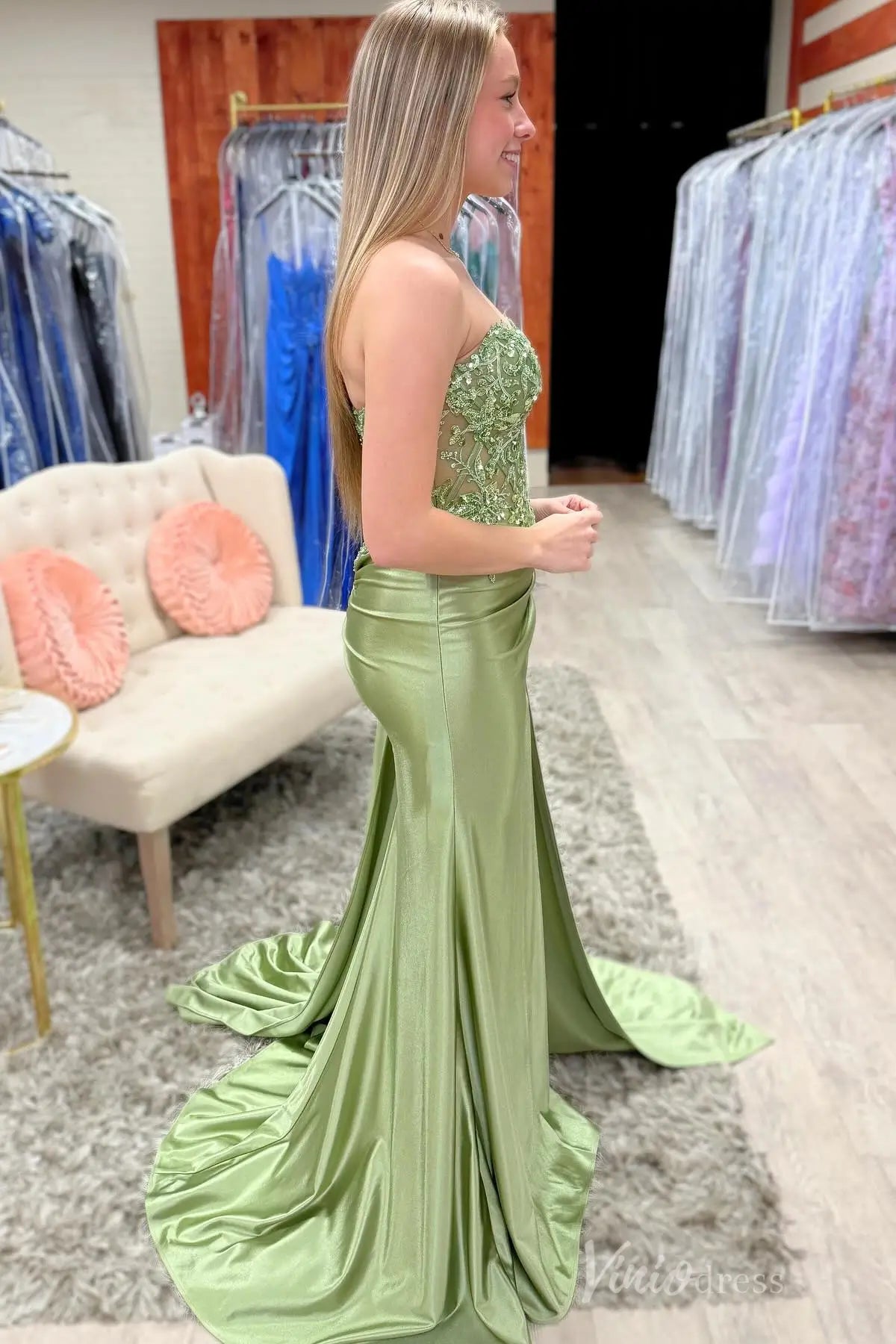 Light Green Strapless Satin Prom Dress with Sheer Corset, Floral Sequin Appliqué, Overskirt and Slit – SS090-prom dresses 2025 -Viniodress-Light Green-Custom Size-