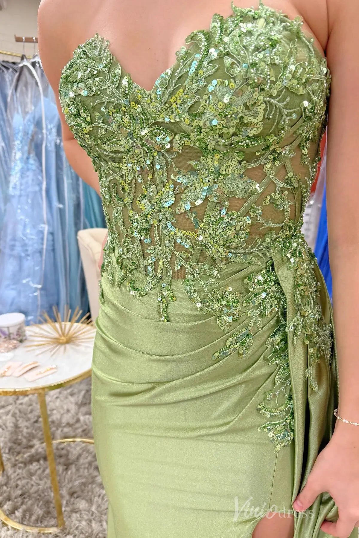Light Green Strapless Satin Prom Dress with Sheer Corset, Floral Sequin Appliqué, Overskirt and Slit – SS090-prom dresses 2025 -Viniodress-Light Green-Custom Size-