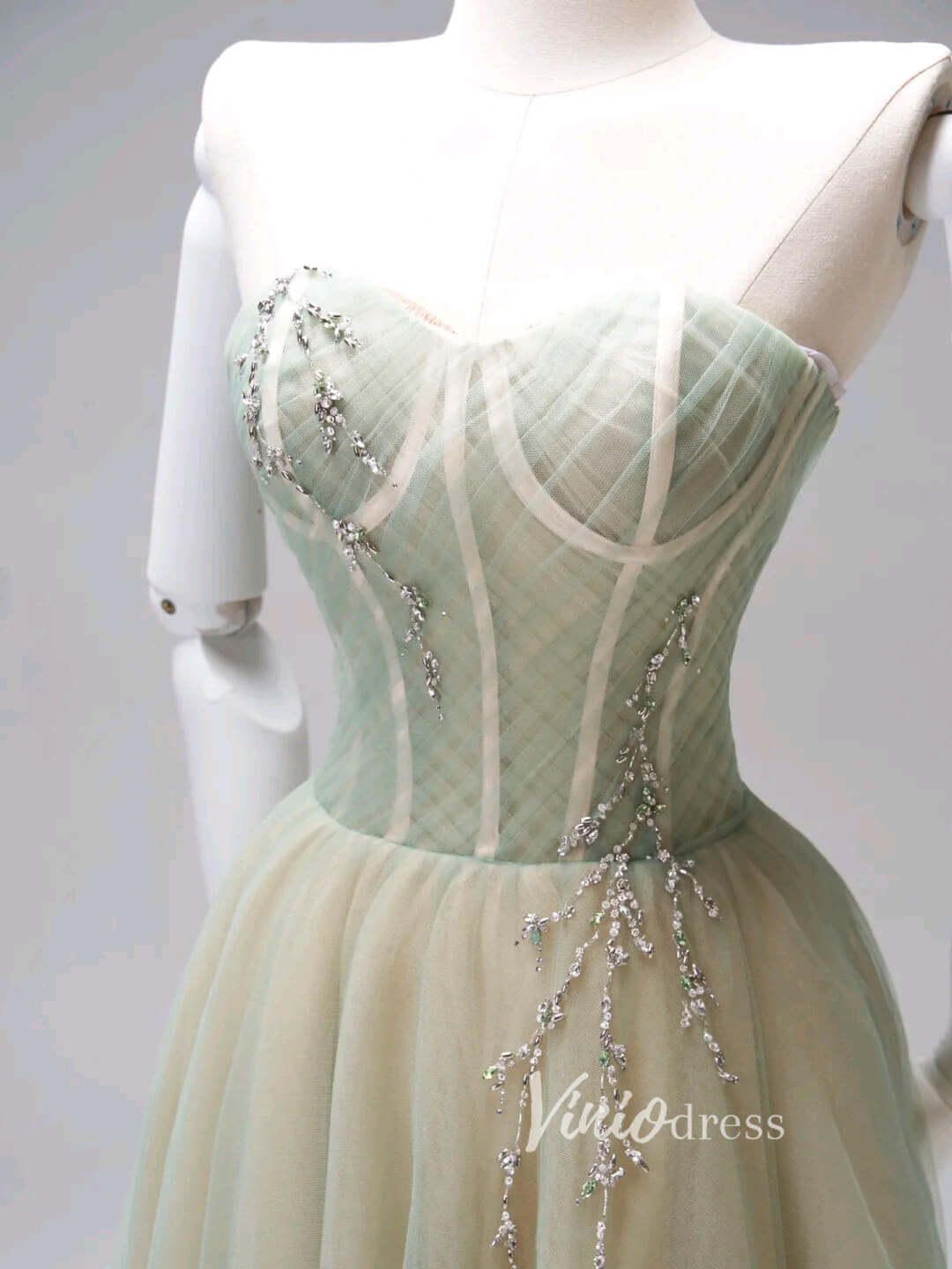 Light Green Strapless Tulle Prom Dresses Tea-Length Formal Dress FD3423-prom dresses 2025 -Viniodress-Light Green-Custom Size-