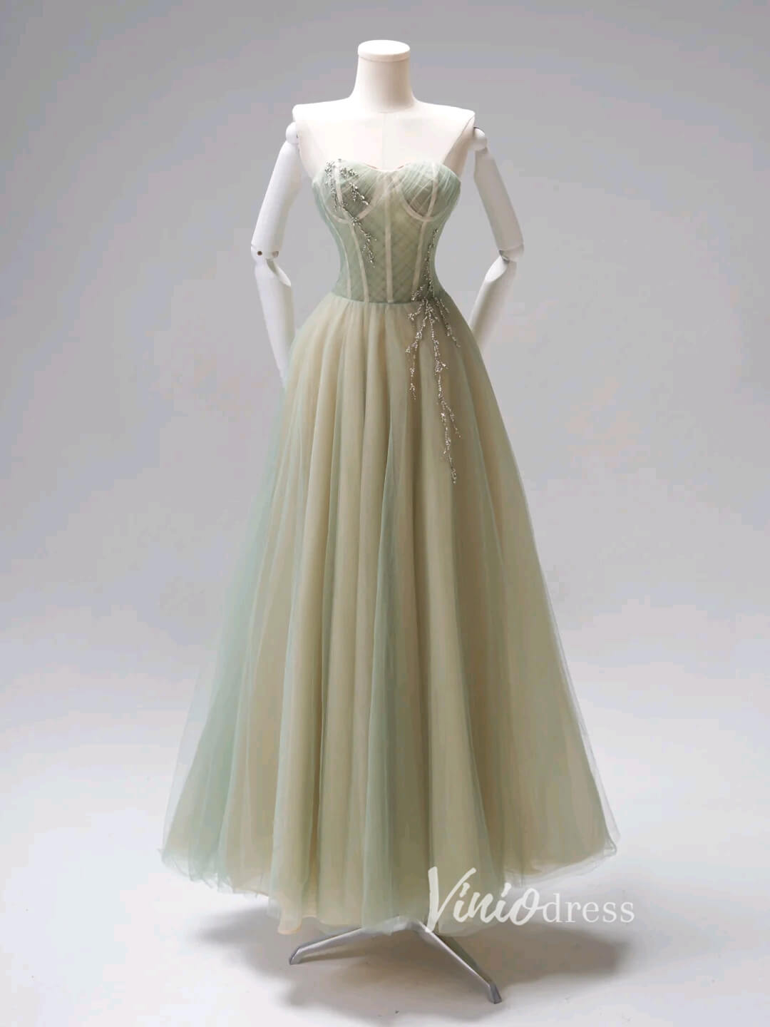 Light Green Strapless Tulle Prom Dresses Tea-Length Formal Dress FD3423-prom dresses 2025 -Viniodress-Light Green-Custom Size-