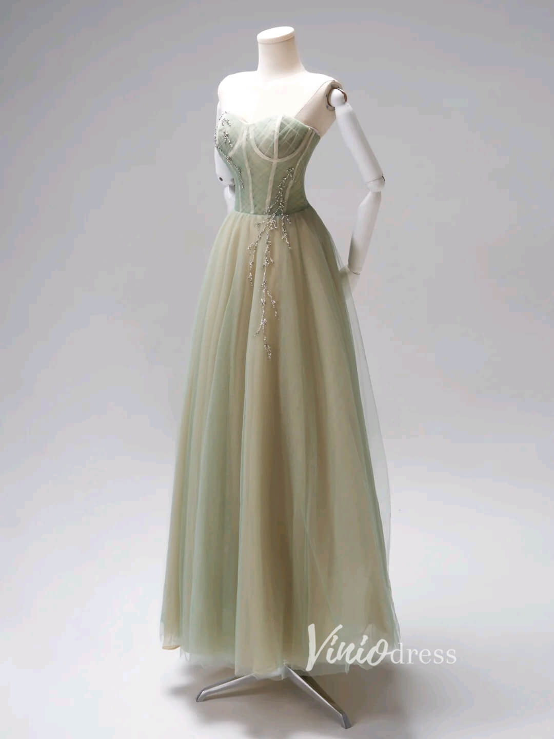 Light Green Strapless Tulle Prom Dresses Tea-Length Formal Dress FD3423-prom dresses 2025 -Viniodress-Light Green-Custom Size-