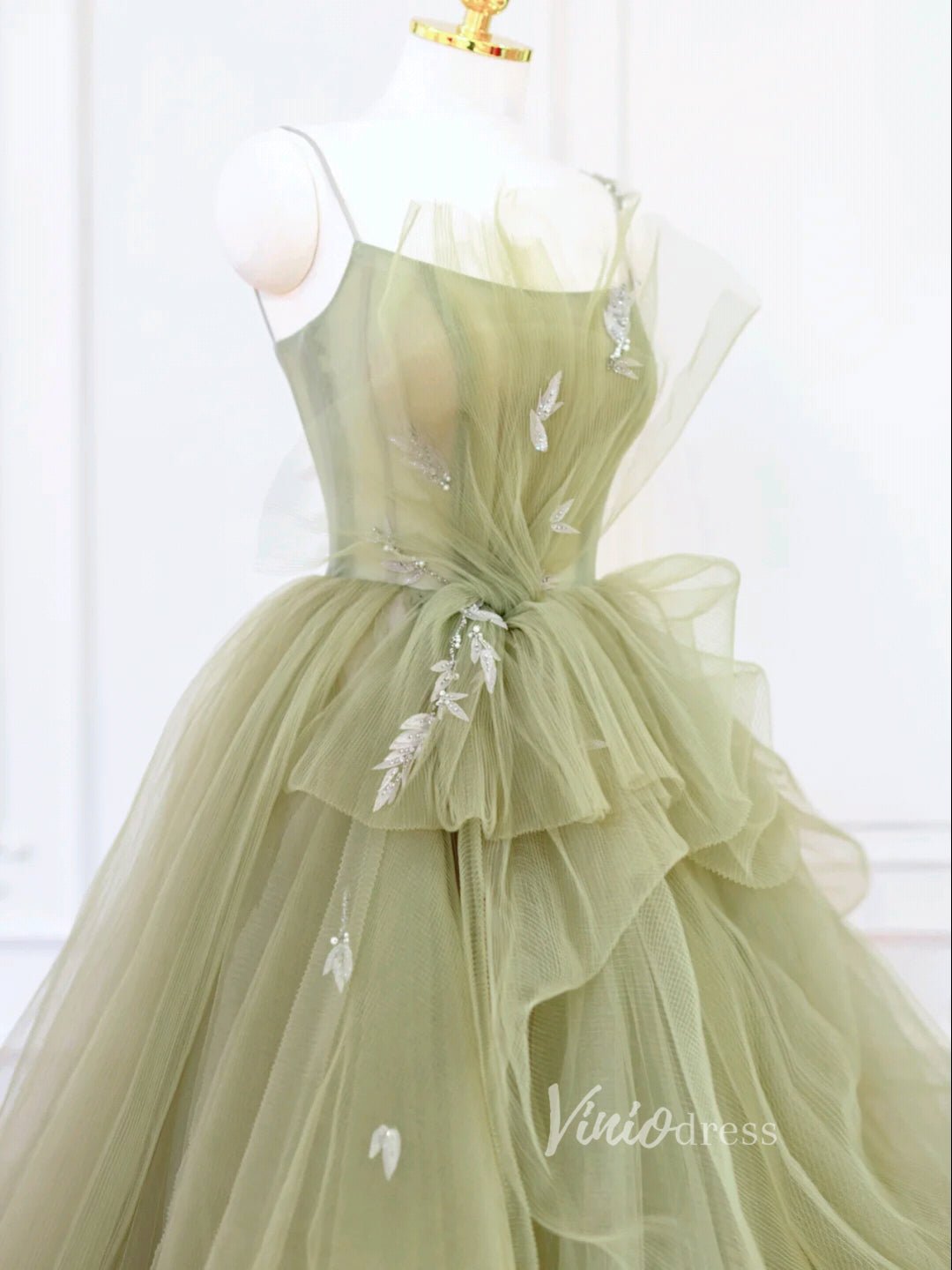 Light Green Tiered Tulle Prom Dresses Spaghetti Strap Evening Dress FD3214-prom dresses 2025 -Viniodress-Light Green-Custom Size-