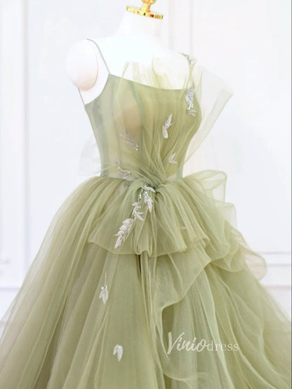 Light Green Tiered Tulle Prom Dresses Spaghetti Strap Evening Dress FD3214-prom dresses 2025 -Viniodress-Light Green-Custom Size-