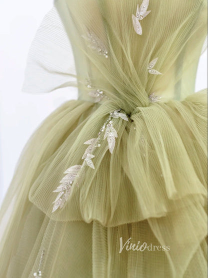 Light Green Tiered Tulle Prom Dresses Spaghetti Strap Evening Dress FD Viniodress Light Green Tiered Tulle Prom Dresses Spaghetti Strap Evening Dress FD Viniodress