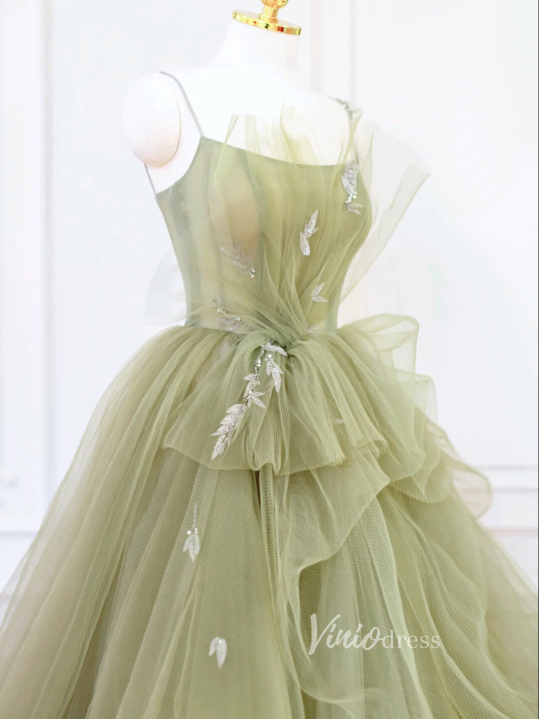 Prom Dress 2025 Light Green Tiered Tulle Prom Dresses Spaghetti Strap Evening Dress FD3214-unique prom dresses-Light Green-Custom Size-Viniodress