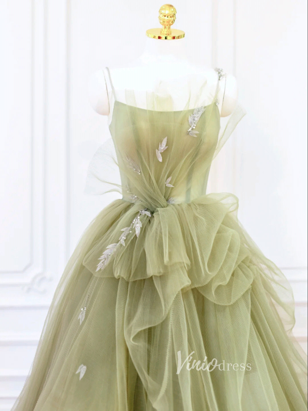 Prom Dress 2025 Light Green Tiered Tulle Prom Dresses Spaghetti Strap Evening Dress FD3214-unique prom dresses-Light Green-Custom Size-Viniodress