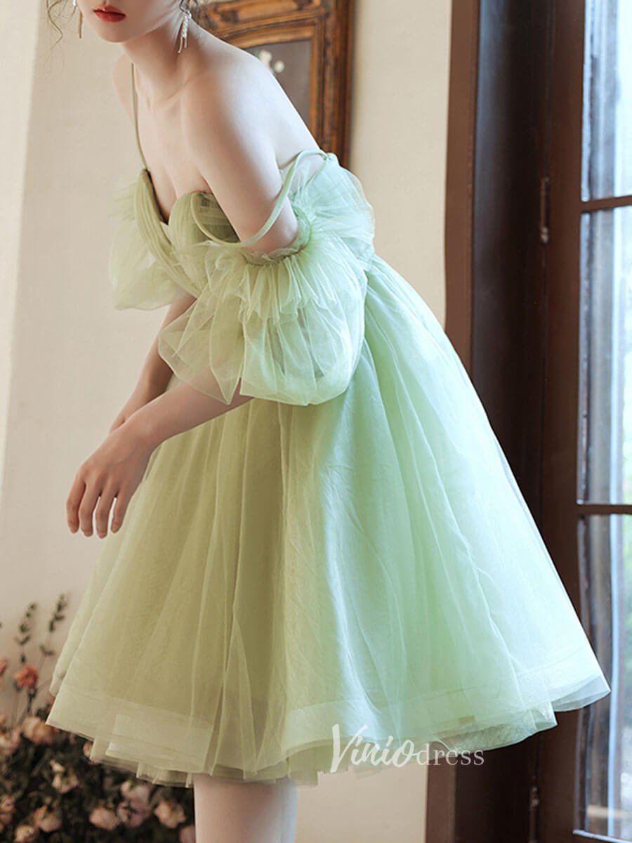 Light Green Tulle Homecoming Dresses Puffed Sleeve Short Prom Dress FD –  Viniodress
