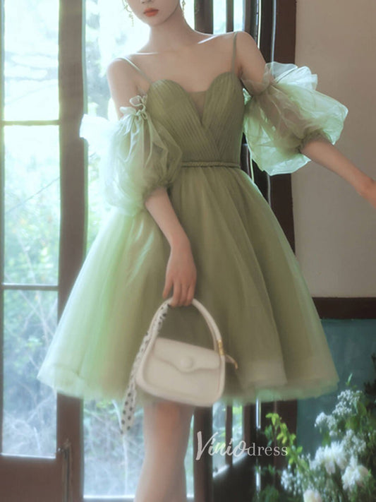 Light Green Tulle Homecoming Dresses Puffed Sleeve Short Prom Dress FD3180-prom dresses 2025 -Viniodress-Light Green-Custom Size-