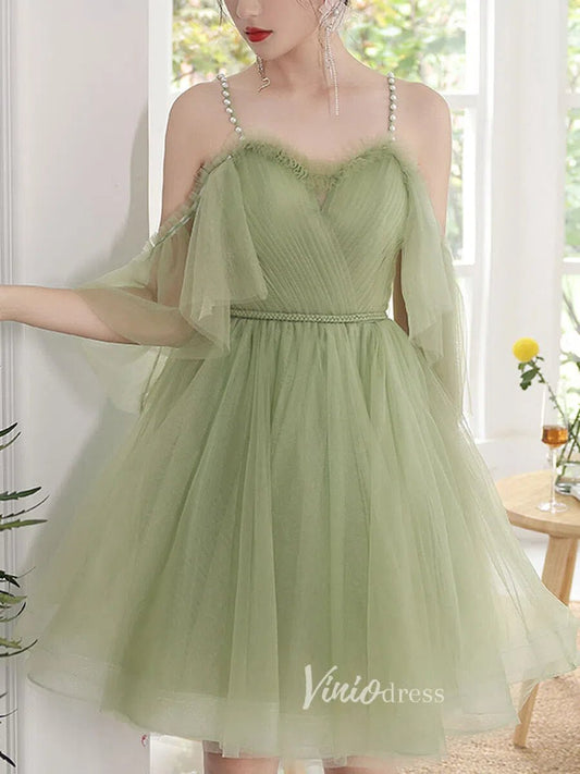 Light Green Tulle Homecoming Dresses Spaghetti Strap Short Prom Dress FD3181-prom dresses 2025 -Viniodress-Light Green-Custom Size-