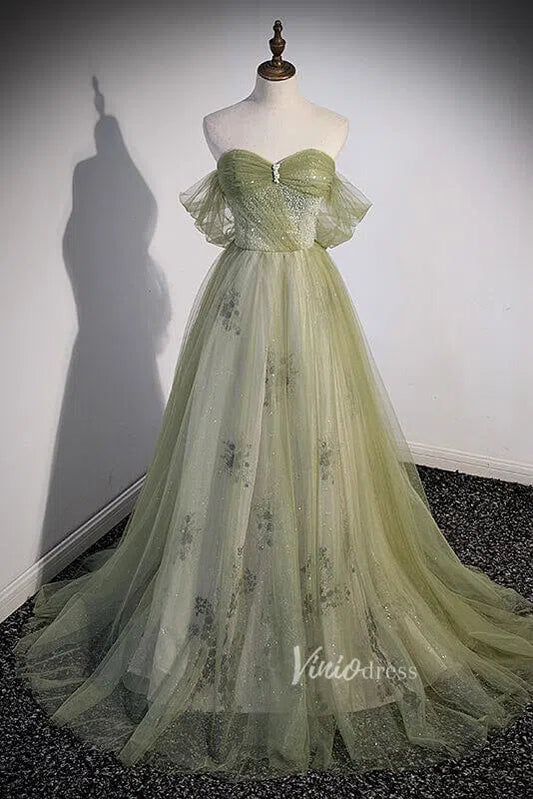 Light Green Tulle Prom Dresses Beaded Lace Evening Gowns FD3570-prom dresses 2025 -Viniodress-Green-Custom Size-