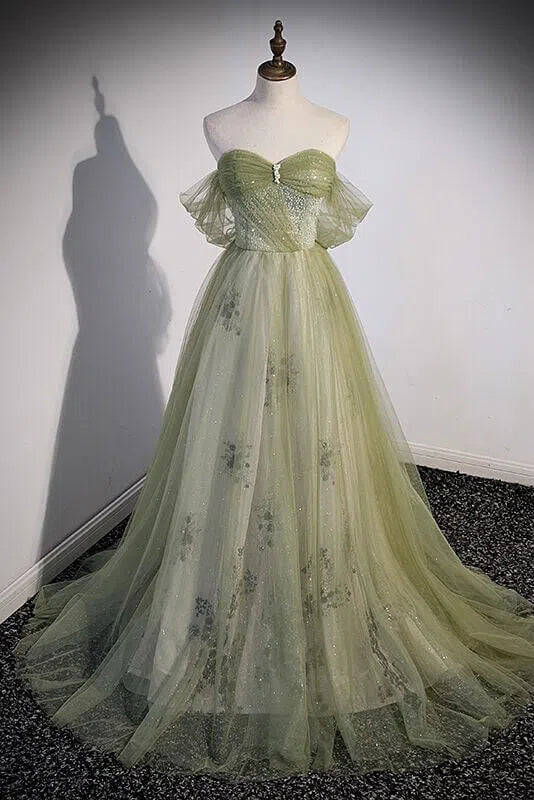 Light Green Tulle Prom Dresses Beaded Lace Evening Gowns FD3570-prom dresses-Viniodress-Viniodress