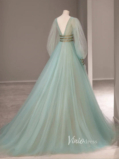 Light Green Tulle Prom Dresses Long Sleeve Evening Dress FD3223-prom dresses 2025 -Viniodress-Light Green-Custom Size-
