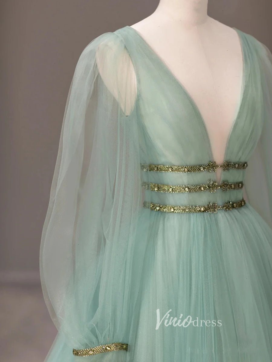 Light Green Tulle Prom Dresses Long Sleeve Evening Dress FD3223-prom dresses 2025 -Viniodress-Light Green-Custom Size-