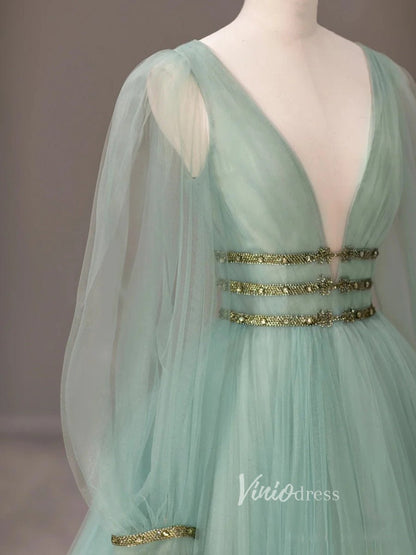 Light Green Tulle Prom Dresses Long Sleeve Evening Dress FD3223-prom dresses 2025 -Viniodress-Light Green-Custom Size-