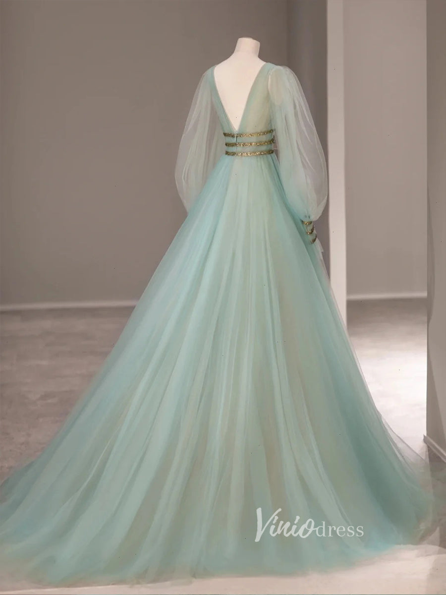 Prom Dress 2025 Light Green Tulle Prom Dresses Long Sleeve Evening Dress FD3223-unique prom dresses-Light Green-Custom Size-Viniodress