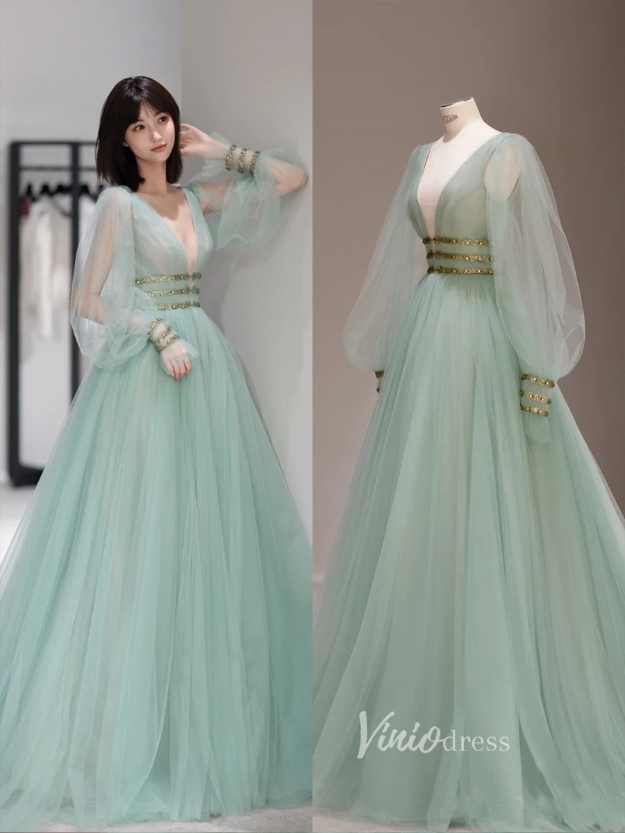 Prom Dress 2025 Light Green Tulle Prom Dresses Long Sleeve Evening Dress FD3223-unique prom dresses-Light Green-Custom Size-Viniodress