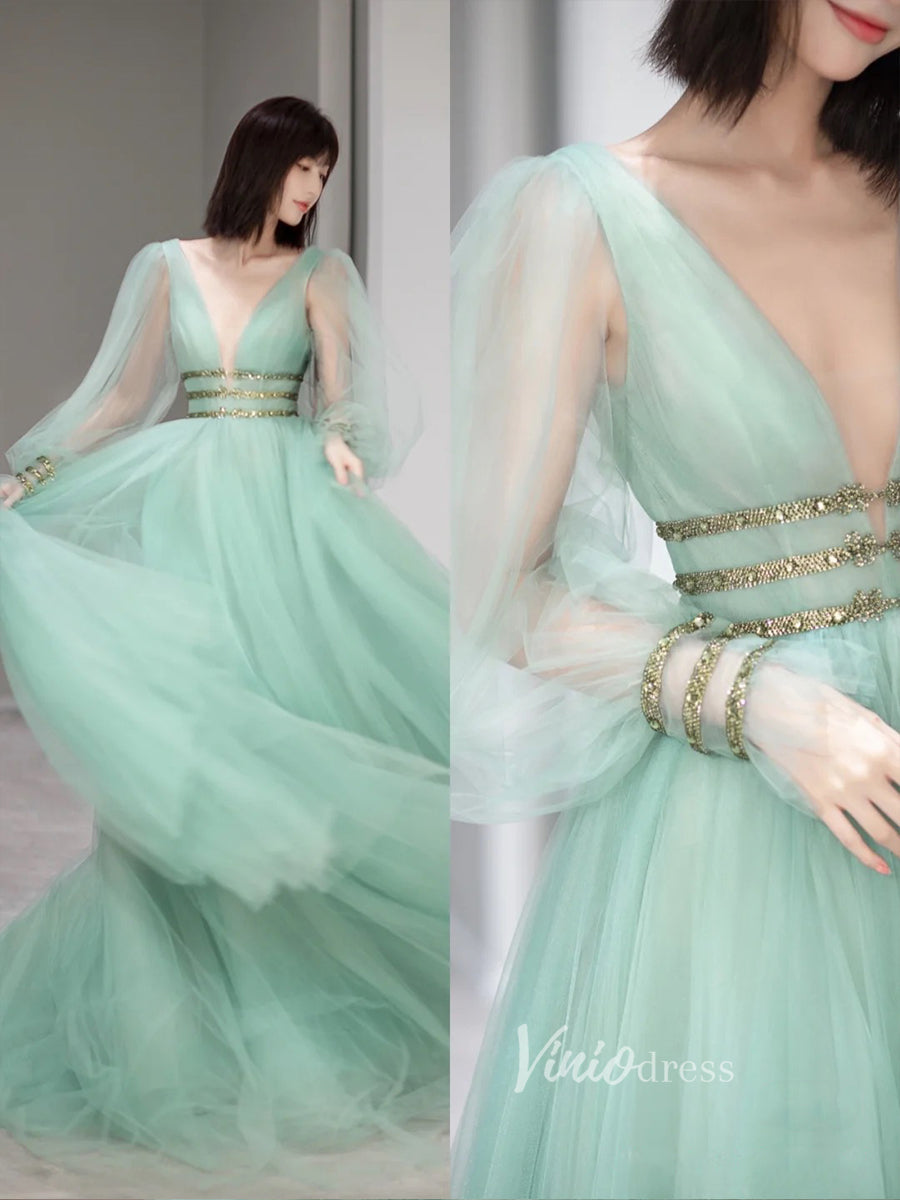 Prom Dress 2025 Light Green Tulle Prom Dresses Long Sleeve Evening Dress FD3223-unique prom dresses-Light Green-Custom Size-Viniodress