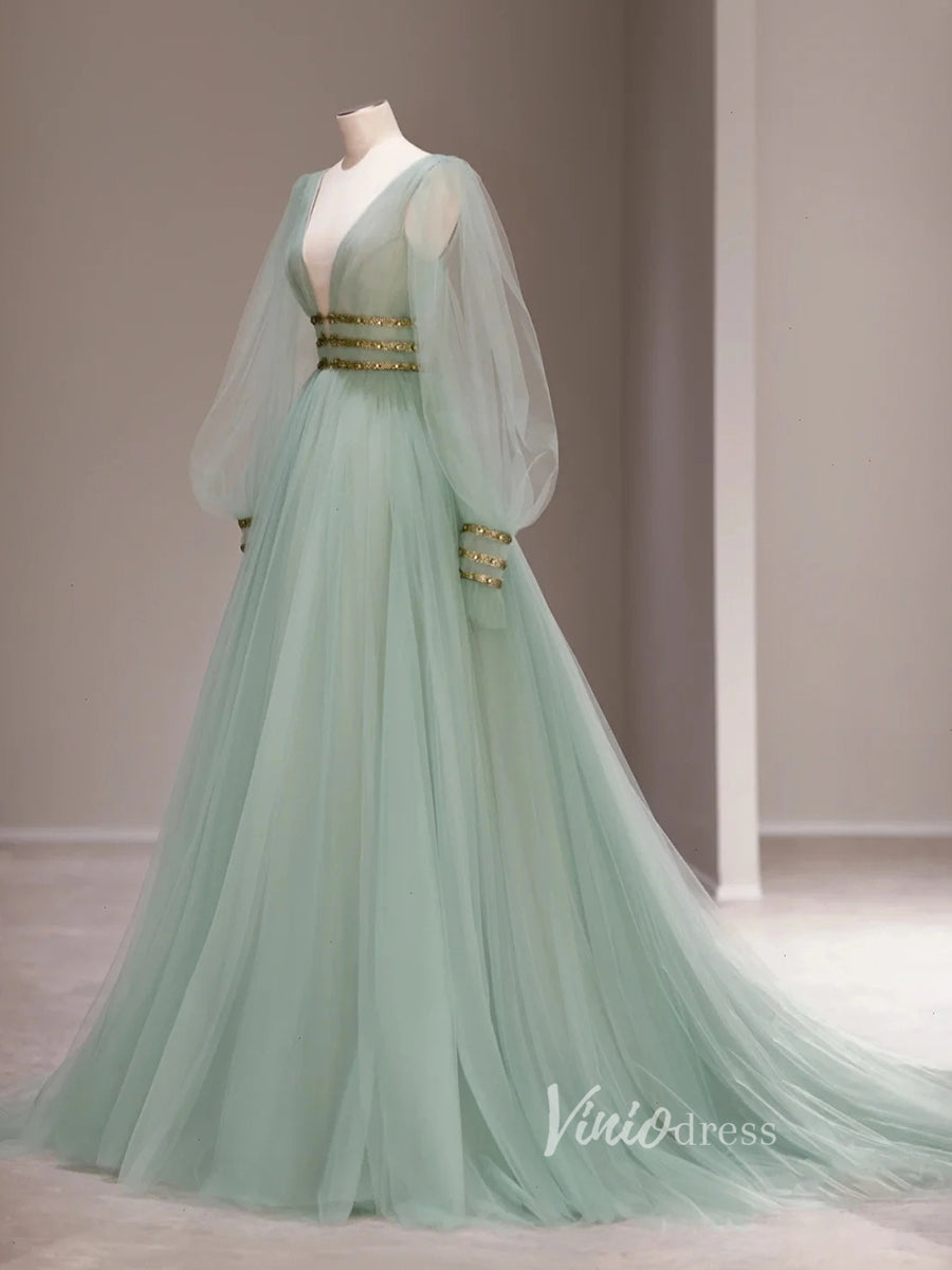 Prom Dress 2025 Light Green Tulle Prom Dresses Long Sleeve Evening Dress FD3223-unique prom dresses-Light Green-Custom Size-Viniodress