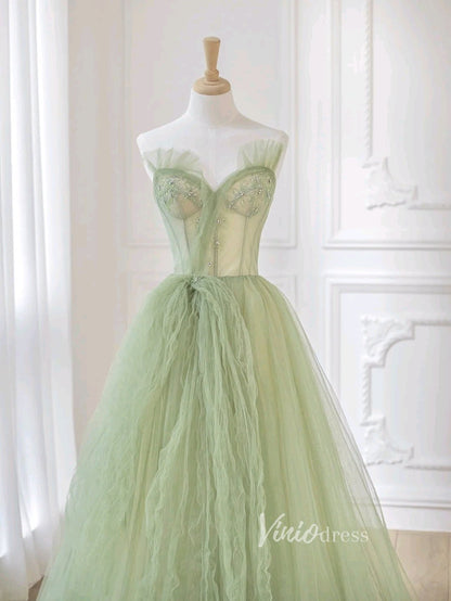 Light Green Tulle Prom Dresses Strapless Evening Dress FD3222-prom dresses 2025 -Viniodress-Light Green-Custom Size-