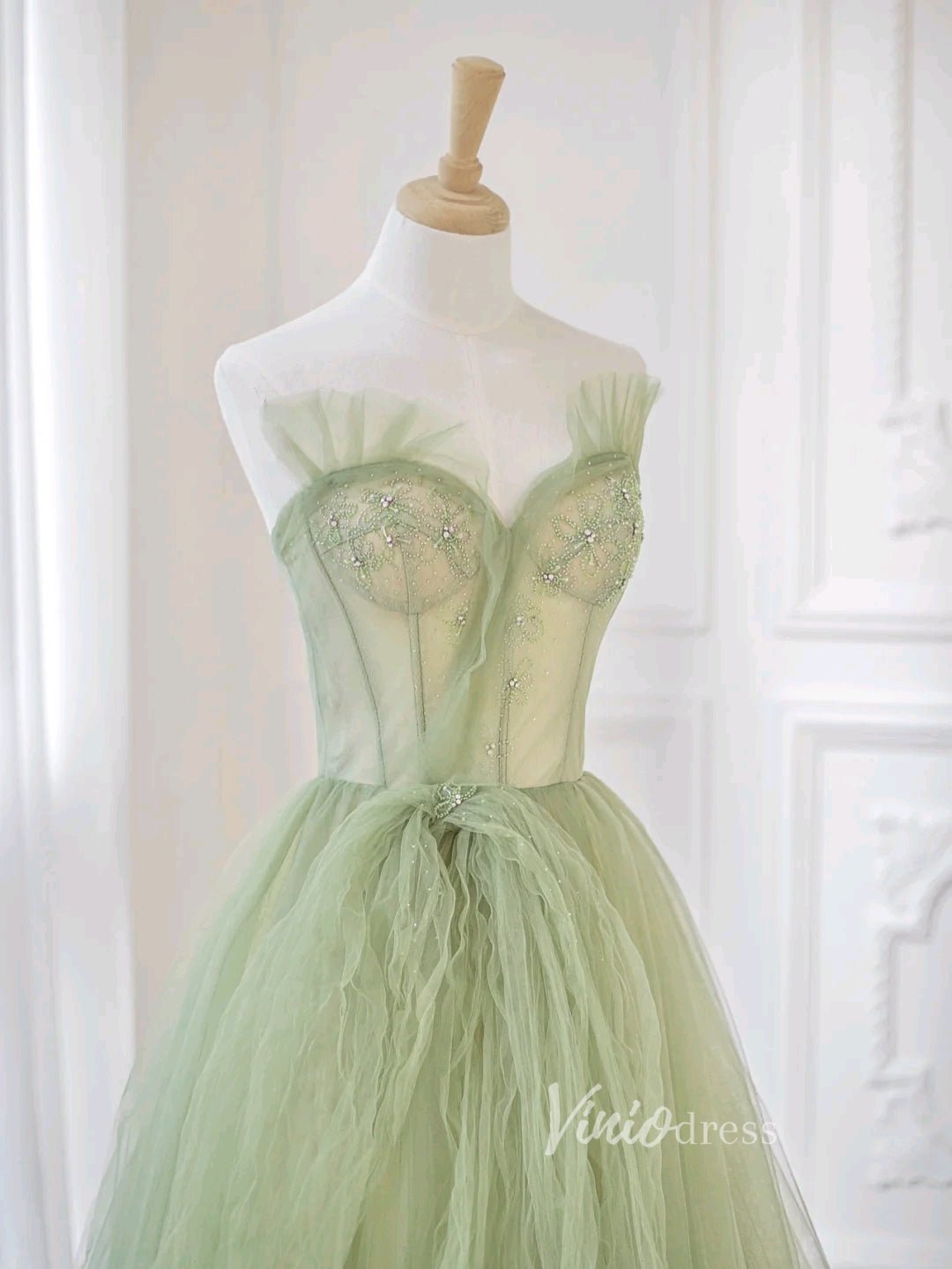 Light Green Tulle Prom Dresses Strapless Evening Dress FD3222-prom dresses 2025 -Viniodress-Light Green-Custom Size-