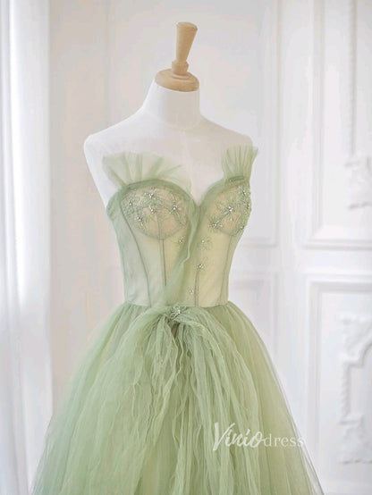 Light Green Tulle Prom Dresses Strapless Evening Dress FD3222-prom dresses 2025 -Viniodress-Light Green-Custom Size-