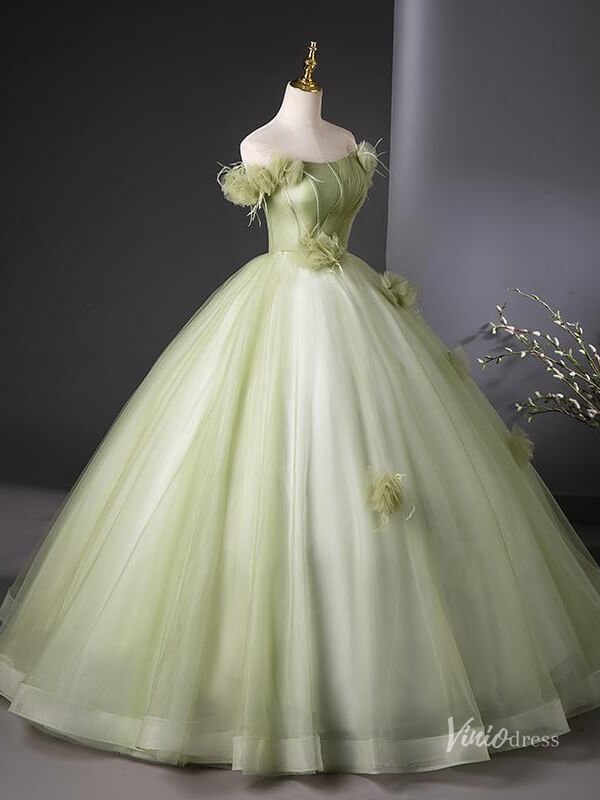 Light Green Tulle Prom Dresses with Flowers, Off the Shoulder Quinceanera Dresses BG041-prom dresses 2025 -Viniodress-Green-Custom Size-