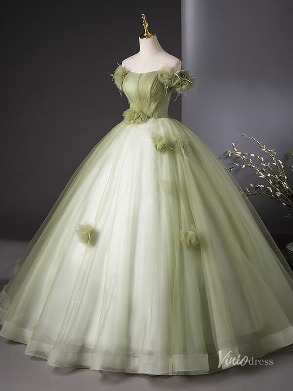 Light Green Tulle Prom Dresses with Flowers, Off the Shoulder Quinceanera Dresses BG041-prom dresses 2025 -Viniodress-Green-Custom Size-
