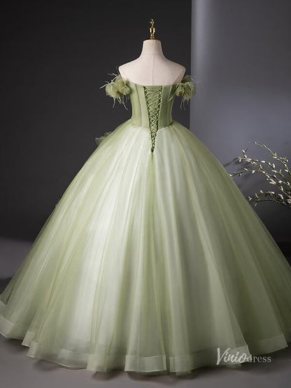 Light Green Tulle Prom Dresses with Flowers, Off the Shoulder Quinceanera Dresses BG041-prom dresses 2025 -Viniodress-Green-Custom Size-