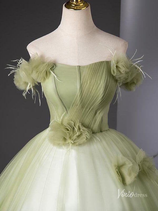 Light Green Tulle Prom Dresses with Flowers, Off the Shoulder Quinceanera Dresses BG041 - Viniodressprom dressesGreenCustom Size - Formal Dresses - Ball Gowns