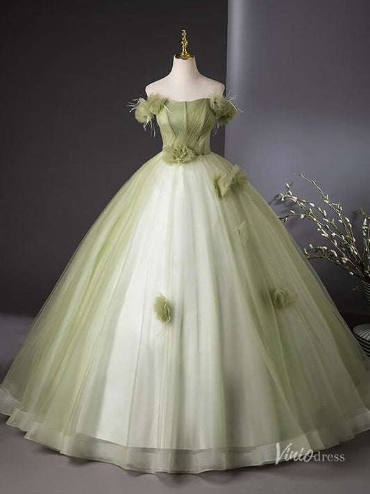 Light Green Tulle Prom Dresses with Flowers, Off the Shoulder Quinceanera Dresses BG041 - Viniodressprom dressesGreenCustom Size - Formal Dresses - Ball Gowns