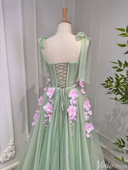 Light Green Tulle Prom Dresses with Pink Flowers Floral Evening Dress 80005-prom dresses 2025 -Viniodress-Light Green-Custom Size-