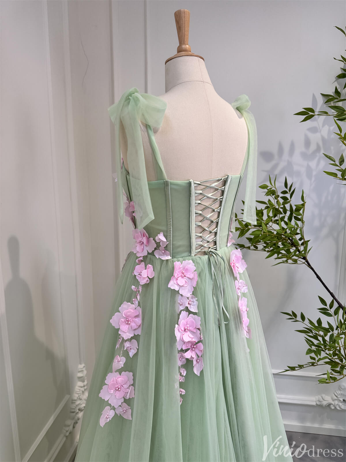 Light Green Tulle Prom Dresses with Pink Flowers Floral Evening Dress 80005-prom dresses 2025 -Viniodress-Light Green-Custom Size-