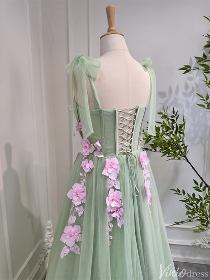 Light Green Tulle Prom Dresses with Pink Flowers Floral Evening Dress 80005-prom dresses 2025 -Viniodress-Light Green-Custom Size-