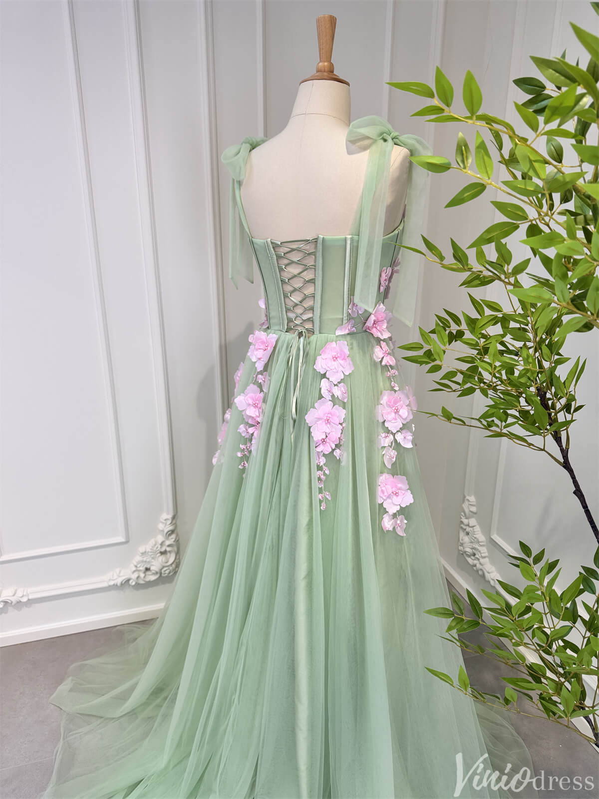 Light Green Tulle Prom Dresses with Pink Flowers Floral Evening Dress 80005-prom dresses 2025 -Viniodress-Light Green-Custom Size-