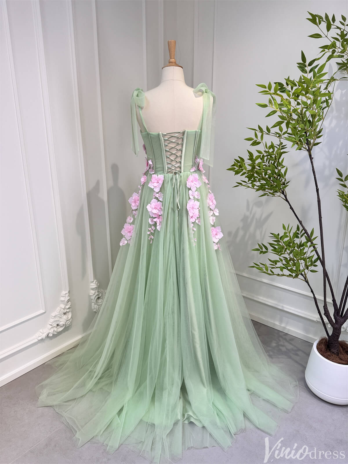Light Green Tulle Prom Dresses with Pink Flowers Floral Evening Dress 80005-prom dresses 2025 -Viniodress-Light Green-Custom Size-